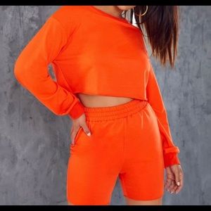 Neon Orange two piece crop sweats and shorts set